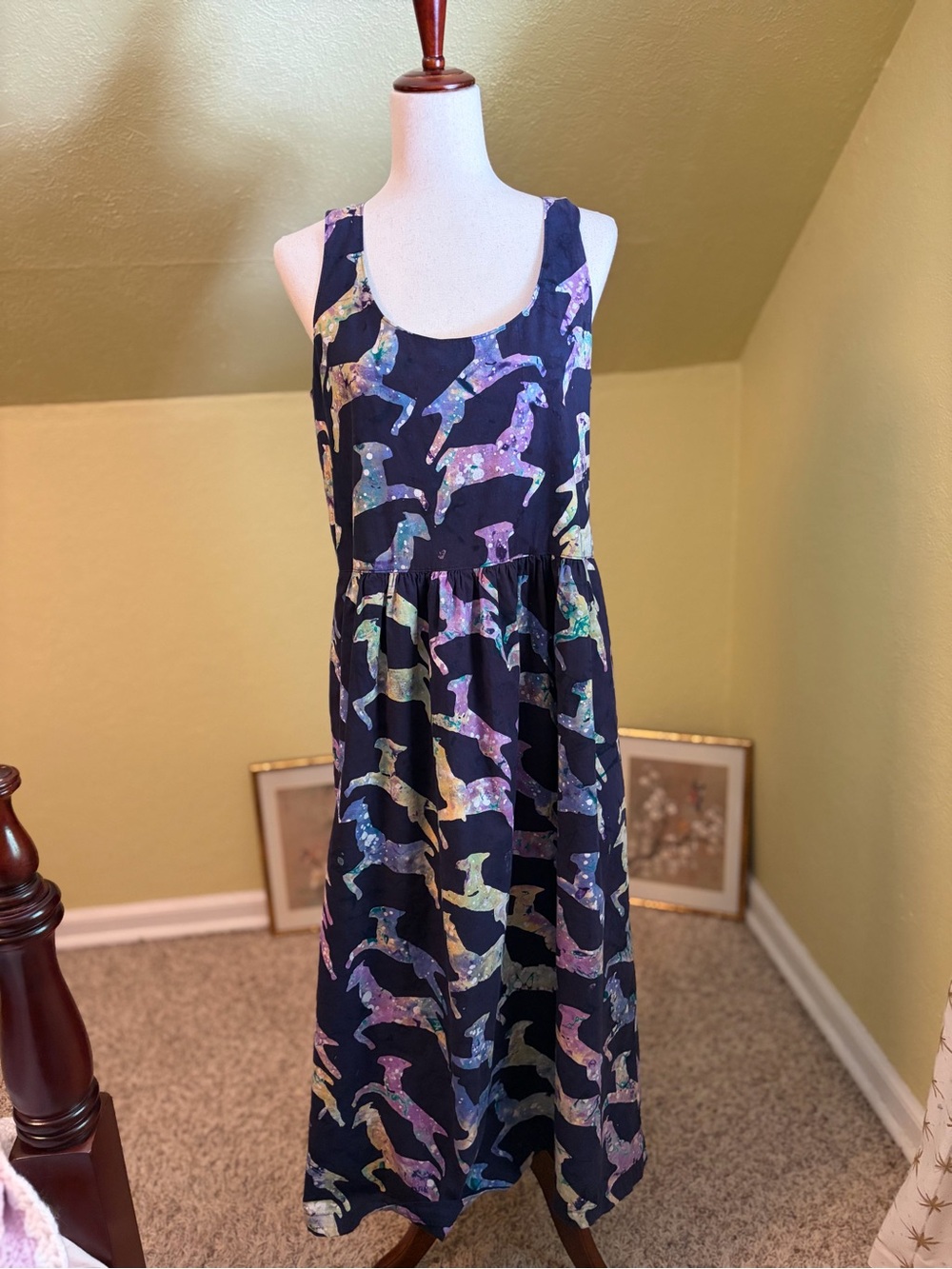 Vintage Handmade Llama Galaxy Print Maxi Dress Jumper w/ Pockets Artsy Boho